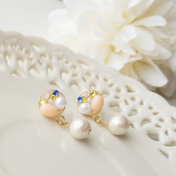 ♡棉珍珠與施華洛世奇水鑽耳釘/耳夾(米色) 第2張的照片