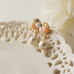 ♡棉珍珠與施華洛世奇水鑽耳釘/耳夾(米色) 第3張的照片