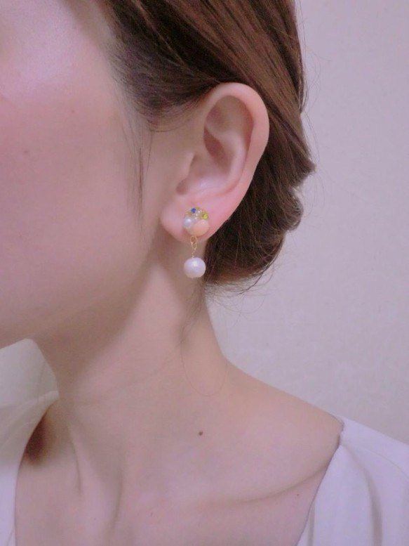 ♡棉珍珠與施華洛世奇水鑽耳釘/耳夾(米色) 第5張的照片