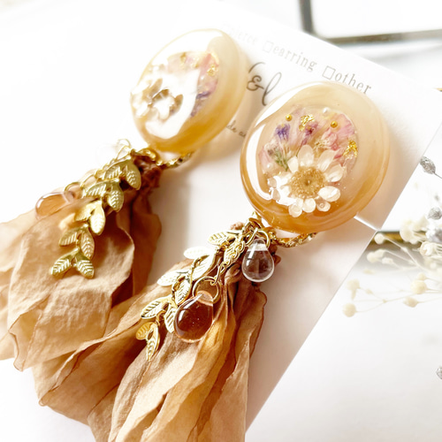 2way＊ドライフラワーレジン×シフォンタッセルのピアス/イヤリング 