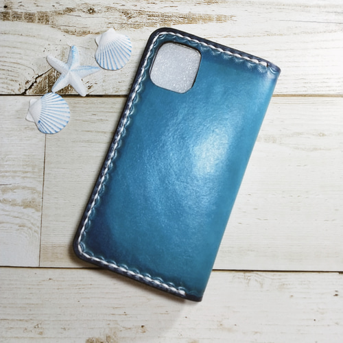 ☆本革スマホケース☆ハンドメイド☆オーシャンブルー☆選べる糸