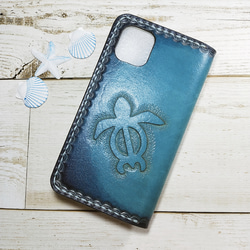 ☆ホヌ☆プルメリア☆本革スマホケース☆ハンドメイド