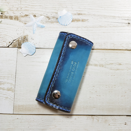 ☆本革キーケース☆ハンドメイド☆選べる糸の色☆オーシャン