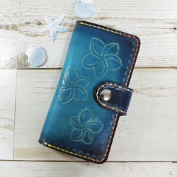 ☆ホヌ☆プルメリア☆本革スマホケース☆ハンドメイド☆オーシャンブルー ☆ホヌ☆プルメリア☆本革スマホケース☆ハンドメイド