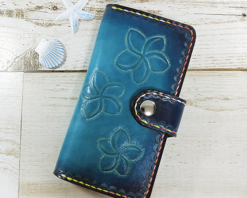 ☆ホヌ☆プルメリア☆本革スマホケース☆ハンドメイド☆オーシャンブルー 0_faf2c8786fc1d5d2c0a22bafbd68