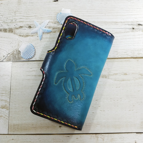 ☆ホヌ☆プルメリア☆本革スマホケース☆ハンドメイド☆オーシャンブルー ☆ホヌ☆プルメリア☆本革スマホケース☆ハンドメイド