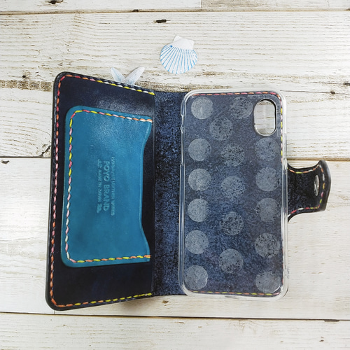 ☆ホヌ☆プルメリア☆本革スマホケース☆ハンドメイド☆オーシャンブルー ☆ホヌ☆プルメリア☆本革スマホケース☆ハンドメイド