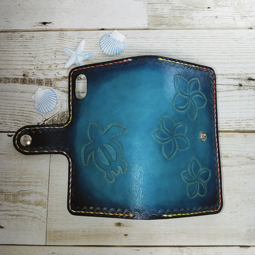 ☆ホヌ☆プルメリア☆本革スマホケース☆ハンドメイド☆オーシャンブルー ☆ホヌ☆プルメリア☆本革スマホケース☆ハンドメイド
