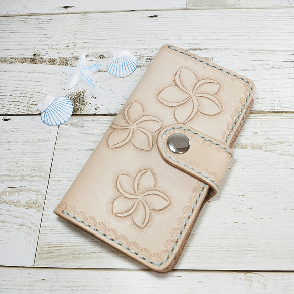 ☆ホヌ☆プルメリア☆本革スマホケース☆ハンドメイド☆オーシャンブルー ☆ホヌ☆プルメリア☆本革スマホケース☆ハンドメイド