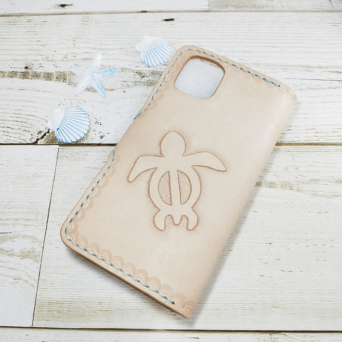 ☆ホヌ☆プルメリア☆本革スマホケース☆ハンドメイド☆オーシャンブルー ☆ホヌ☆プルメリア☆本革スマホケース☆ハンドメイド