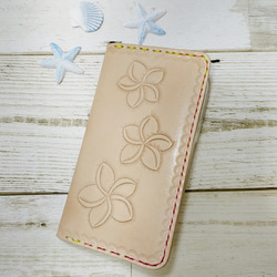 ☆ホヌ☆プルメリア☆本革スマホケース☆ハンドメイド☆オーシャンブルー ☆ホヌ☆プルメリア☆本革スマホケース☆ハンドメイド