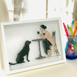 剪紙咖啡時間（狗和女人）單色/彩色 第2張的照片