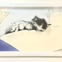 【額入り(白or黒)】 切り絵　258×319mmサイズ/子猫/お昼寝 1枚目の画像