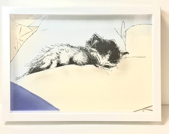 【額入り(白or黒)】 切り絵　258×319mmサイズ/子猫/お昼寝 1枚目の画像