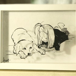 切り絵「親友」キャビネサイズ　モノクロ/犬/こども/家族/ギフト/母の日/父の日/記念日/インテリア 1枚目の画像