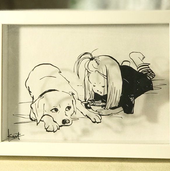 切り絵「親友」キャビネサイズ　モノクロ/犬/こども/家族/ギフト/母の日/父の日/記念日/インテリア 1枚目の画像