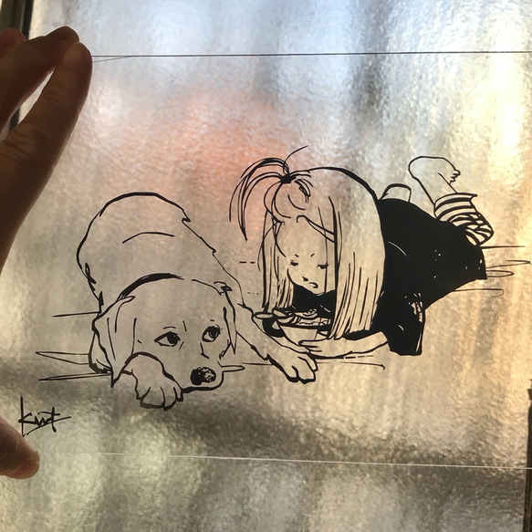 切り絵「親友」キャビネサイズ　モノクロ/犬/こども/家族/ギフト/母の日/父の日/記念日/インテリア 3枚目の画像