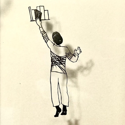 切り絵 背景選択可 ハガキサイズ「背伸び」読書 本 インテリア