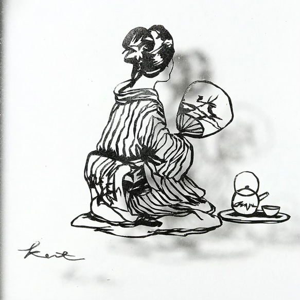 切り絵 ハガキサイズ「夕涼み」インテリア プレゼント 和風 芸者 夏