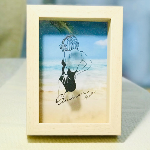 切り絵 背景選択可 ハガキサイズ「summer」水着 ビーチ 女性
