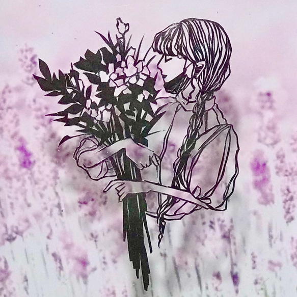切り絵 背景選択可 ハガキサイズ「花束と女性」花 女性