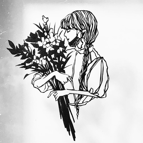 切り絵 背景選択可 ハガキサイズ「花束と女性」花 女性 インテリア