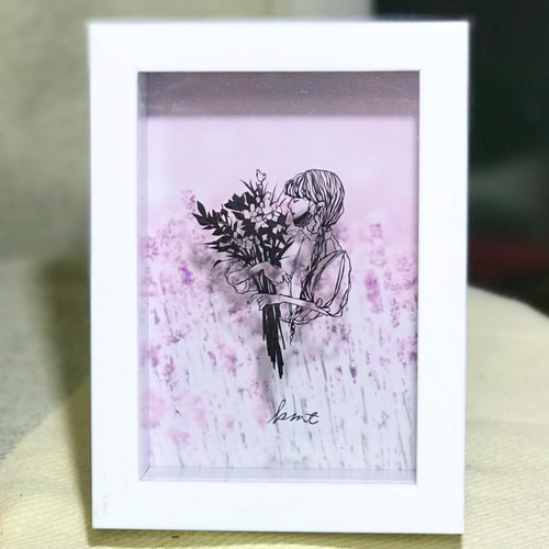 切り絵 背景選択可 ハガキサイズ「花束と女性」花 女性 インテリア