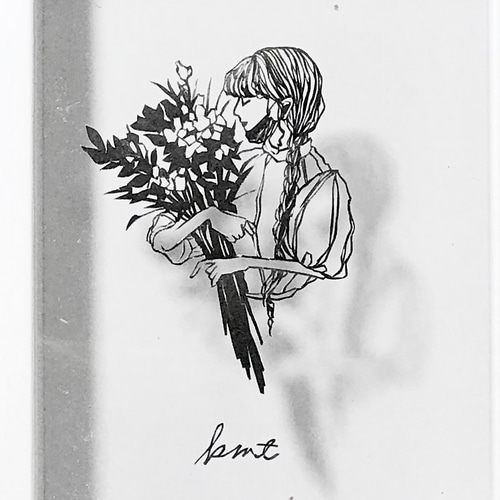 切り絵 背景選択可 ハガキサイズ「花束と女性」花 女性 インテリア