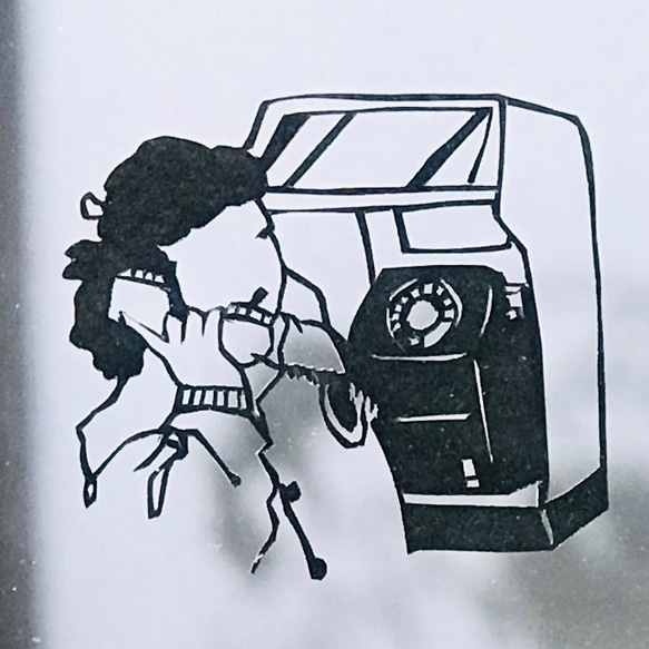 切り絵 背景選択可 ハガキサイズ「公衆電話」女性 昭和レトロ