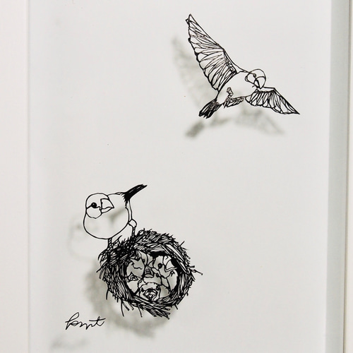 ギアマン、鳥のいる樹、レゾネより、希少、版上サイン、新品額装 ミニ切り絵「文鳥の家族」キャビネサイズ モノクロ/こども/家族