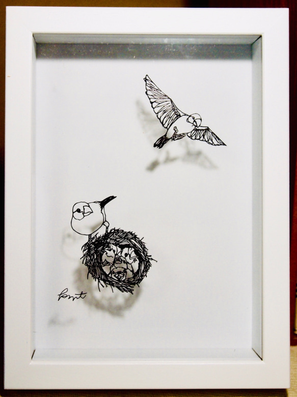 ミニ切り絵「文鳥の家族」キャビネサイズ モノクロ/こども/家族