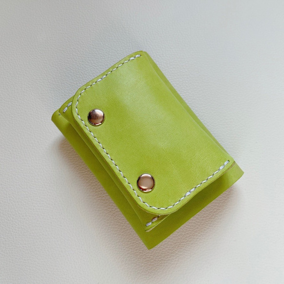 本革 シンプル三つ折り財布 マイネ/黄緑 三つ折り財布 工房ねこのて