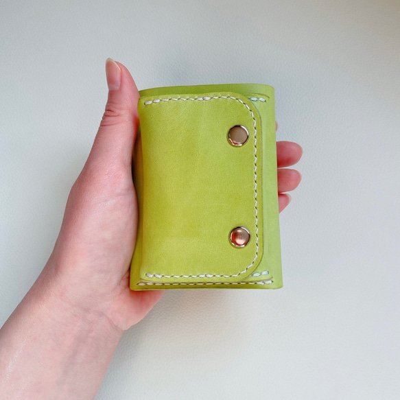 本革　シンプル三つ折り財布　マイネ/黄緑 5枚目の画像