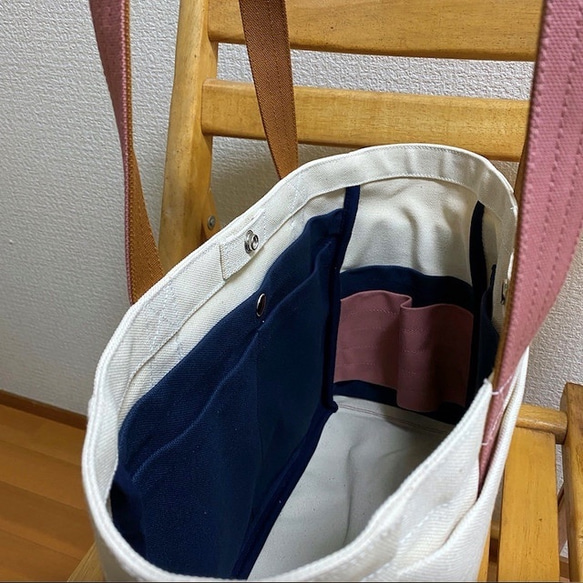 “混合手提袋”通勤尺寸“象牙白×細玫瑰×駝色×海軍藍（深藍色）”倉敷帆布和泉棉帆布[定做] 第6張的照片