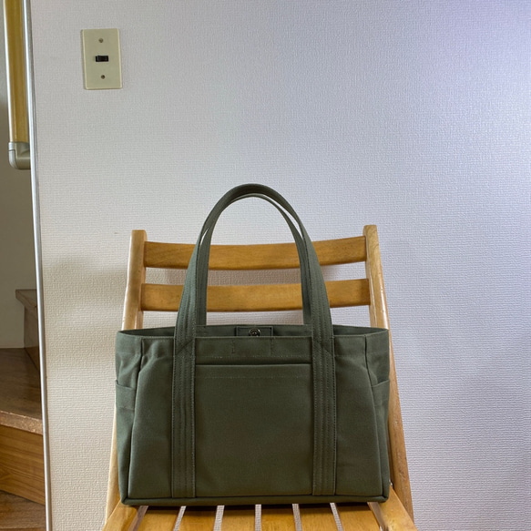 “口袋手提包”水平尺寸“橄欖”/帆布手提包/倉敷帆布8號[定做] 第1張的照片
