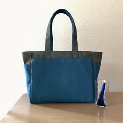 【訂購生產】“Box Tote”通勤手提包“Olive x Mineral Blue”帆布手提包Kurashiki Canvas 第1張的照片