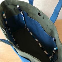 【訂購生產】“Box Tote”通勤手提包“Olive x Mineral Blue”帆布手提包Kurashiki Canvas 第6張的照片