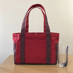 [訂單生產]口袋手提包“小尺寸”峽谷紅×Azuki×黑色“帆布手提袋倉敷帆布No. 8 第1張的照片