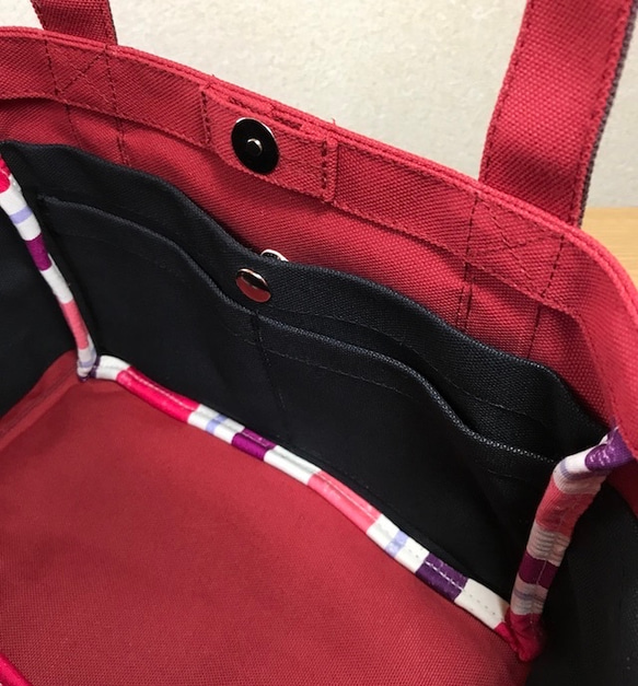 [訂單生產]口袋手提包“小尺寸”峽谷紅×Azuki×黑色“帆布手提袋倉敷帆布No. 8 第6張的照片
