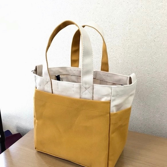 [定做]“Box tote”小尺寸“原色×芥末”倉敷帆布No.8 第2張的照片