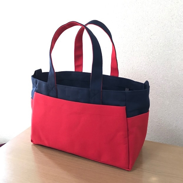 “箱子手提袋”橫向尺寸“海軍（紺）×紅色”帆布手提袋倉敷帆布8號[按訂單生產] 第2張的照片