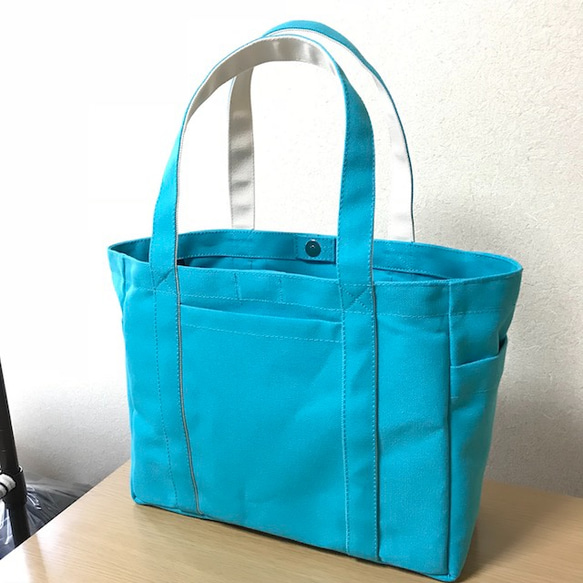 【訂購生產】“Pocket Tote”通勤手提包“Turquoise×Produce”帆布手提包Kurashiki Canvas 第2張的照片
