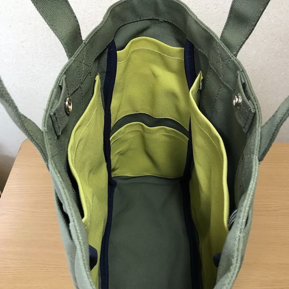 【訂購生產】“Box Tote”正面長款“Olive×HIWA GREEN”帆布手提包Kurashiki Canvas No. 第4張的照片