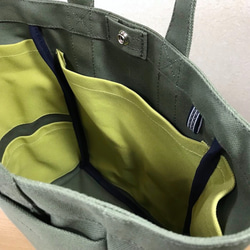 【訂購生產】“Box Tote”正面長款“Olive×HIWA GREEN”帆布手提包Kurashiki Canvas No. 第5張的照片