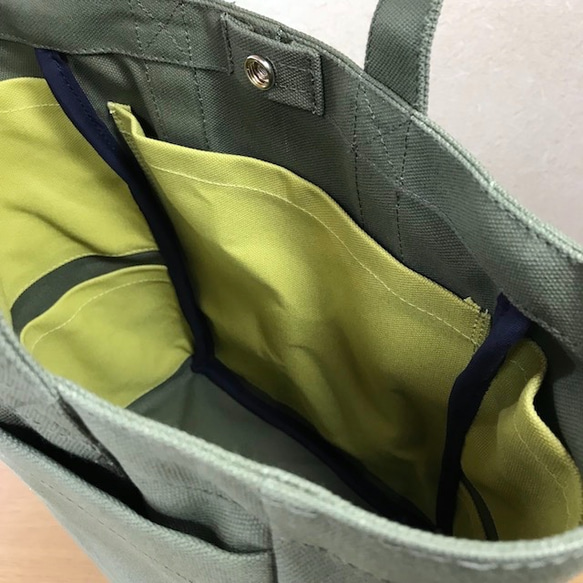 【訂購生產】“Box Tote”正面長款“Olive×HIWA GREEN”帆布手提包Kurashiki Canvas No. 第6張的照片