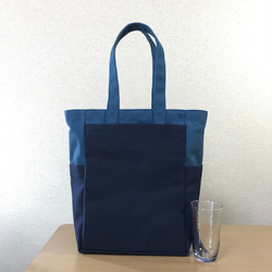 [訂單生產]“盒子手提包”前面長尺寸“礦物藍×海軍×生產”帆布手提袋倉敷漢普8 第1張的照片
