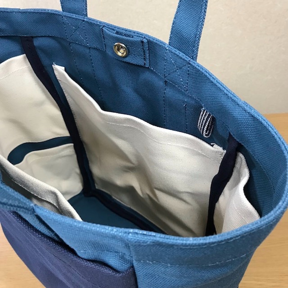 [訂單生產]“盒子手提包”前面長尺寸“礦物藍×海軍×生產”帆布手提袋倉敷漢普8 第5張的照片
