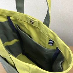 【訂購生產】“Box Tote”長款“HIWA GREEN×Olive”帆布手提包Kurashiki Canvas No. 8 第5張的照片