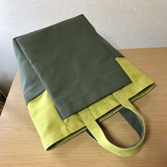 【訂購生產】“Box Tote”長款“HIWA GREEN×Olive”帆布手提包Kurashiki Canvas No. 8 第8張的照片