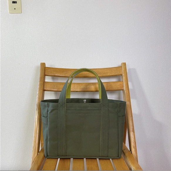“Pocket Tote”小號“Olive x Hiwa Green”/帆布手提包/倉敷帆布 No.8 [定做] 第1張的照片